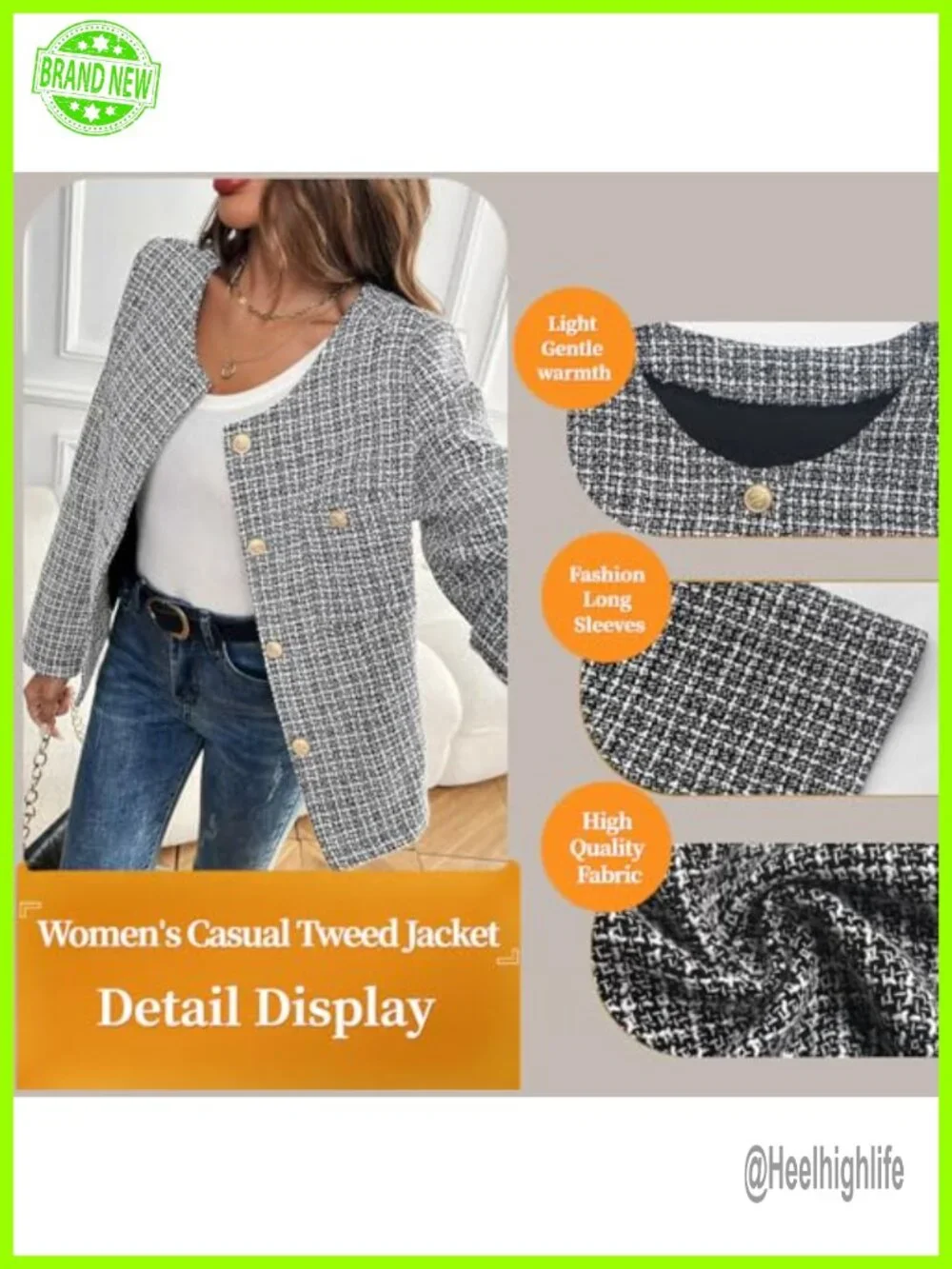 Tweed Blazer, Long Sleeve Business Casual Coat